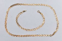 A 9CT TRI-COLOUR CHAIN WITH MATCHING BRACELET, the chain of a tri-colour plaited design with yellow,