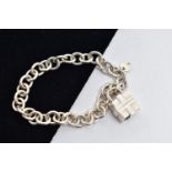 A 'TIFFANY & CO' BRACELET WITH PADLOCK CLASP, curb link bracelet fitted with a circular tag