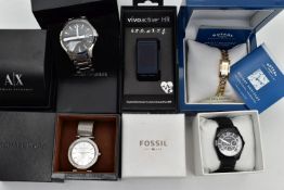 A BOX OF ASSORTED WATCHES, four boxed wristwatches, to include a 'Garmin vivoactive HR, Rotary,