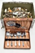 A BOX OF ASSORTED COLLECTABLE TEASPOONS AND A CASED SET OF DESSERT SPOONS, various EPNS, silver