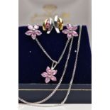 A 9CT WHITE GOLD CUBIC ZIRCONIA PENDANT NECKLACE WITH MATCHING EARRINGS, AND A PAIR OF BI-COLOUR