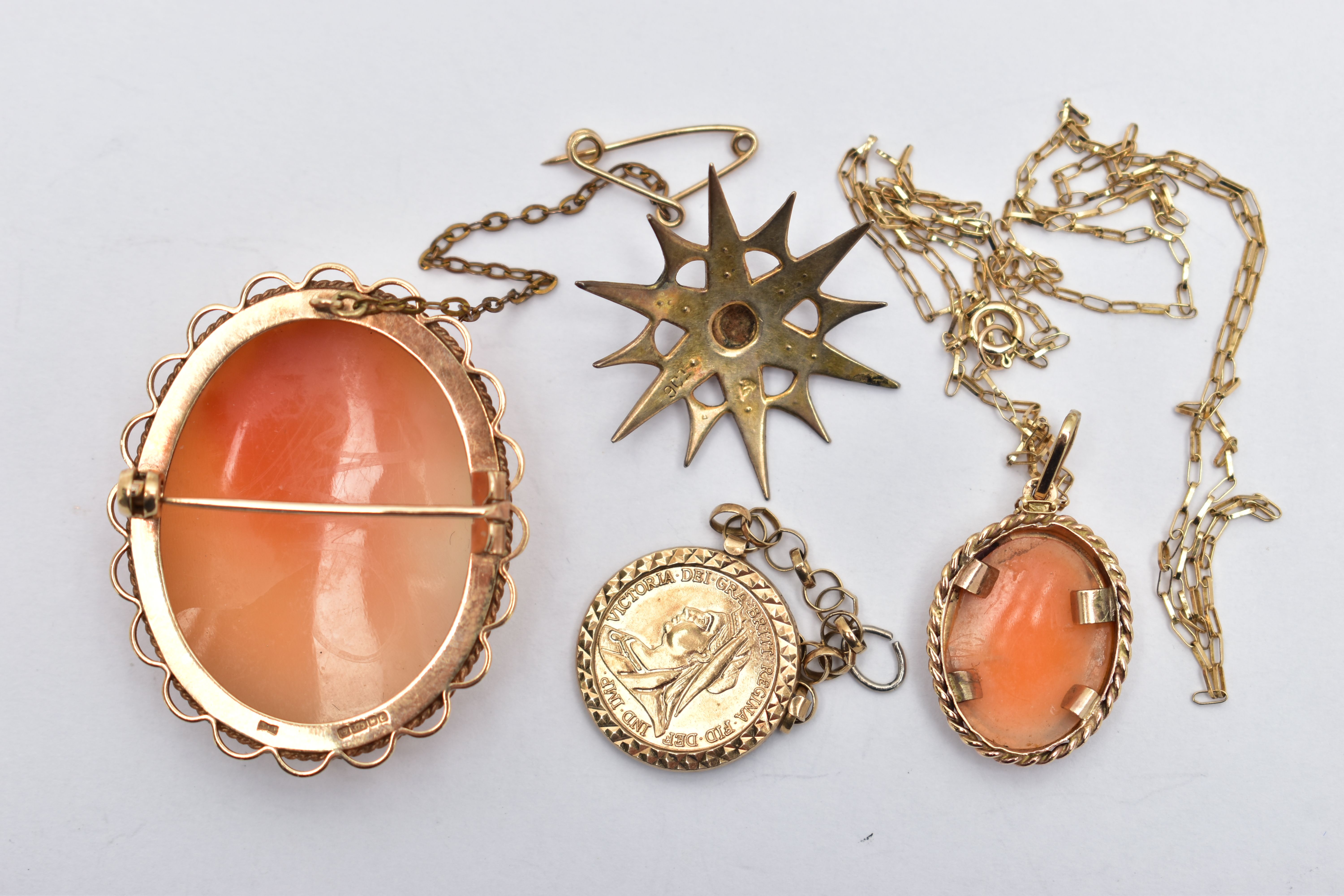 A SELECTION OF 9CT GOLD AND YELLOW METAL JEWELLERY, to include a 9ct gold shell cameo pendant - Image 2 of 2