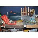 A TOOLBOX, A TOOL CADDY AND A WOODEN BOX CONTAINING TOOLS including a brass blowlamp, a vintage