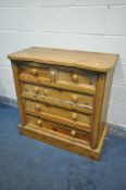 A PINE CHEST OF TWO SHORT OVER THREE LONG DRAWERS, with a serpentine top, width 93cm x depth 45cm
