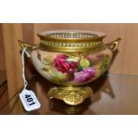 A ROYAL WORCESTER TWIN HANDLED POT POURRI BOWL, painted with roses and signed J Flexman (John),