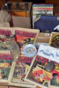 A SMALL QUANTITY OF SUNDRY ITEMS ETC, to include Hotspur comics dated 1939 and 1970s, wooden