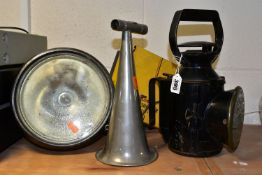 A RAILWAY LAMP AND OTHER ITEMS, the railway lamp stamped 'BR' has red, blue and clear glass,