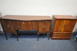 A MAHOGANY SERPENTINE SIDEBOARD, with two drawers and a key, length 175cm x