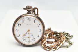 A SILVER 'ZENITH' OPEN FACE POCKET WATCH, hand wound movement, white dial signed 'Zenith', Arabic