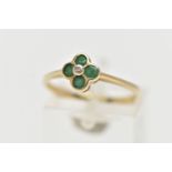 A 9CT YELLOW GOLD DIAMOND AND EMERALD CLUSTER RING, set with a round brilliant cut diamond