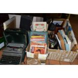 THREE BOXES OF ART AND CRAFT SUNDRIES, PORTABLE TYPEWRITER AND A QUANTITY OF SHEET MUSIC, to include