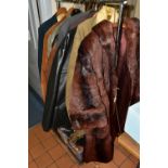 A BOX AND LOOSE CLOTHING AND ACCESSORIES, ladies' and men's items, to include a dark brown fur coat,