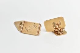 A PAIR OF 9CT GOLD 'DEAKIN & FRANCIS' CUFFLINKS, rectangular form with terminated corners, engine