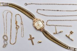 A SELECTION OF JEWELLERY AND A LADIES WRISTWATCH, to include an openwork diamond set pendant