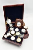 A WOODEN POCKET WATCH STORAGE BOX WITH POCKET WATCHES, the wooden box opens to reveal two storage