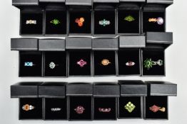 ASSORTED GEM SET RINGS, twenty one colourful gem set dress rings all set in white and yellow