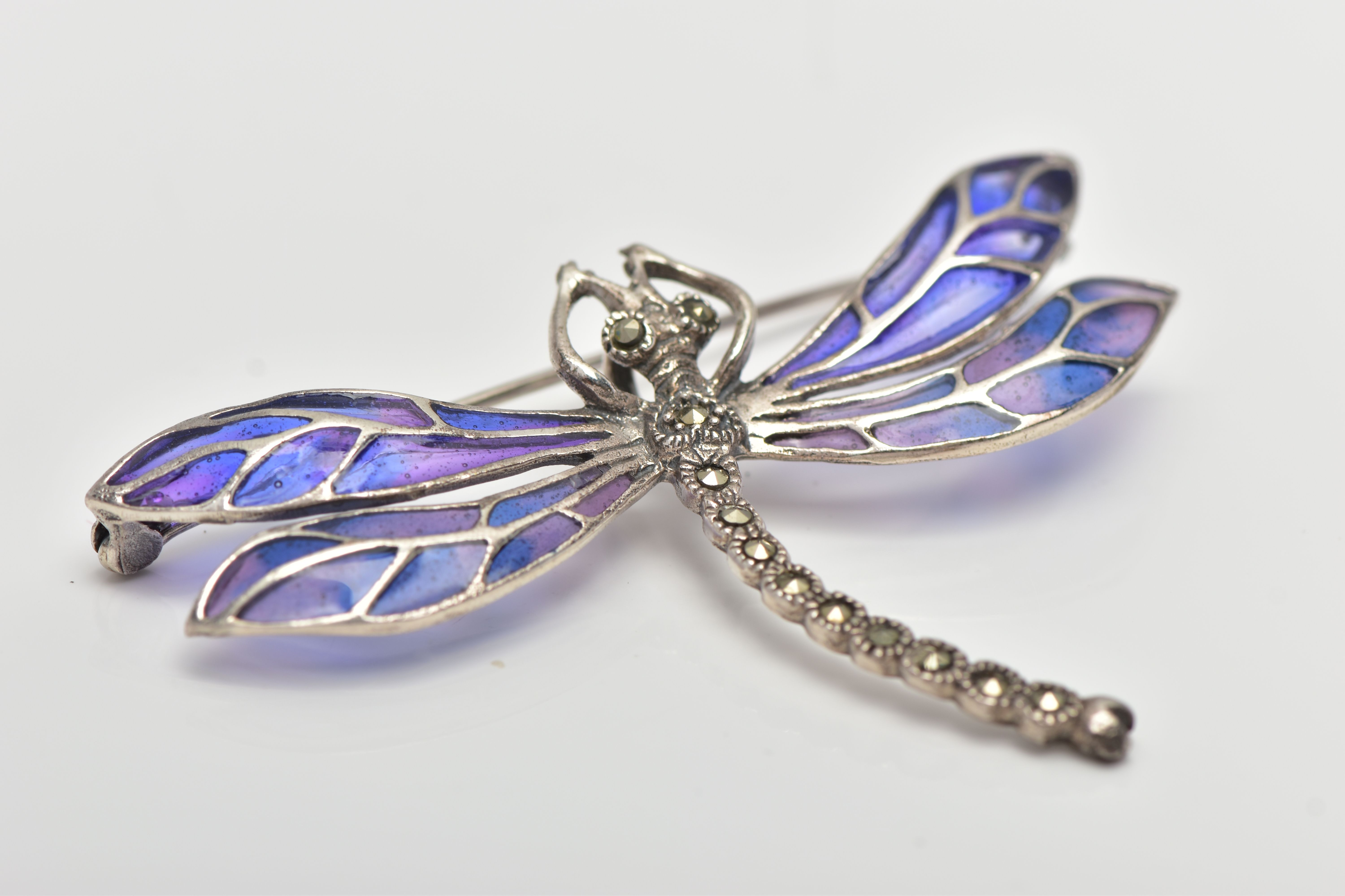 A WHITE METAL PLIQUE A JOUR BROOCH, in the form of a dragonfly, the body set with marcasite, - Image 3 of 3