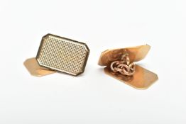 A PAIR OF 9CT GOLD CUFFLINKS, rectangular form with terminated corners, engine turned pattern, chain