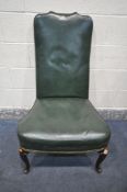 A GEORGIAN STYLE GREEN LEATHER CHAIR, on Queen Anne front legs, width 65cm x depth 70cm x height
