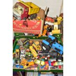 THREE BOXES OF VINTAGE TONKA TOYS, to include a set of wooden building blocks, a 1970's red and