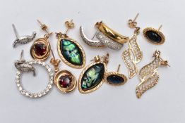 A SELECTION OF YELLOW AND WHITE METAL JEWELLERY, to include five pairs of yellow metal earrings,