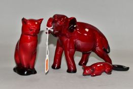THREE ROYAL DOULTON FLAMBÉ GLAZED ANIMAL FIGURES, comprising an elephant height 13.5cm, a seated