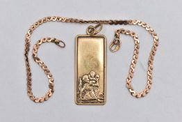 A 9CT YELLOW GOLD ST.CHRISTOPHER PENDANT AND A BRACELET, the pendant of a rectangular form,