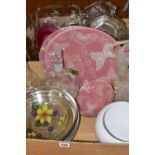 TWO BOXES OF ASSORTED GLASS WARES ETC, to include moulded dishes with a relief flower decoration,