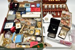 A BOX OF ASSORTED COSTUME JEWELLERY, to include a mounted 1821 commemorative coin, with scrolling