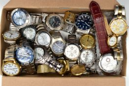 A BOX OF ASSORTED WRISTWATCHES, untested used condition, mostly gents quartz watches, with names