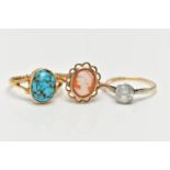 THREE GEM SET RINGS, the first an 18ct yellow gold turquoise cabochon ring, bifurcated shoulders