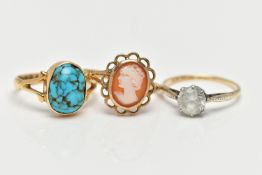 THREE GEM SET RINGS, the first an 18ct yellow gold turquoise cabochon ring, bifurcated shoulders