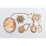 A SELECTION OF 9CT GOLD AND YELLOW METAL JEWELLERY, to include a 9ct gold shell cameo pendant