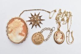 A SELECTION OF 9CT GOLD AND YELLOW METAL JEWELLERY, to include a 9ct gold shell cameo pendant