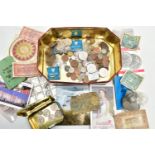 A BISCUIT TIN CONTAINING AMOUNTS OF MIXED COINAGE, to include a Royal Mint medallion to commorate