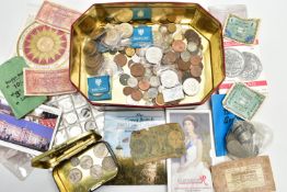 A BISCUIT TIN CONTAINING AMOUNTS OF MIXED COINAGE, to include a Royal Mint medallion to commorate