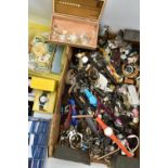 A BOX OF ASSORTED LADIES AND GENTS FASHION WRISWATCHES, all in used and untested conditions, some