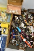 A BOX OF ASSORTED LADIES AND GENTS FASHION WRISWATCHES, all in used and untested conditions, some