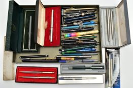 A SELECTION OF FOUNTAIN PENS AND WRITING EQUPIMENT, to include a boxed 'Cross' fountain pen with