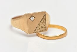 A 9CT YELLOW GOLD SIGNET RING AND A THIN YELLOW METAL BAND, the signet of a square form, half