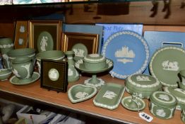 A COLLECTION OF WEDGWOOD JASPERWARE, twenty four pieces mainly in sage green with two pale pieces,