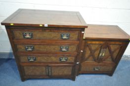 AN INDONESIAN STYLE HARDWOOD CHEST OF THREE LONG DRAWERS, over two cupboard doors, and a smaller