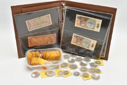 A BOX OF SILVER AND SILVER CONTENT COINS BANKNOTES ETC, to include 12x South Africa Five shilling
