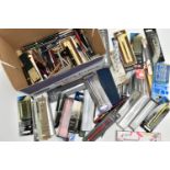 A BOX OF ASSORTED PENS, a large selection of ball point pens, pencils and fountain pens, names to