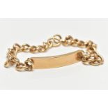 A LARGE 9CT IDENTIFICATION BRACELET, a curb link chain fitted with a solid gold panel, fitted with a