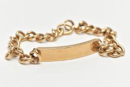 A LARGE 9CT IDENTIFICATION BRACELET, a curb link chain fitted with a solid gold panel, fitted with a