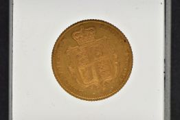 A CASED EARLY VICTORIAN GOLD HALF SOVEREIGN COIN, depicting Queen Victoria dated 1842, shield