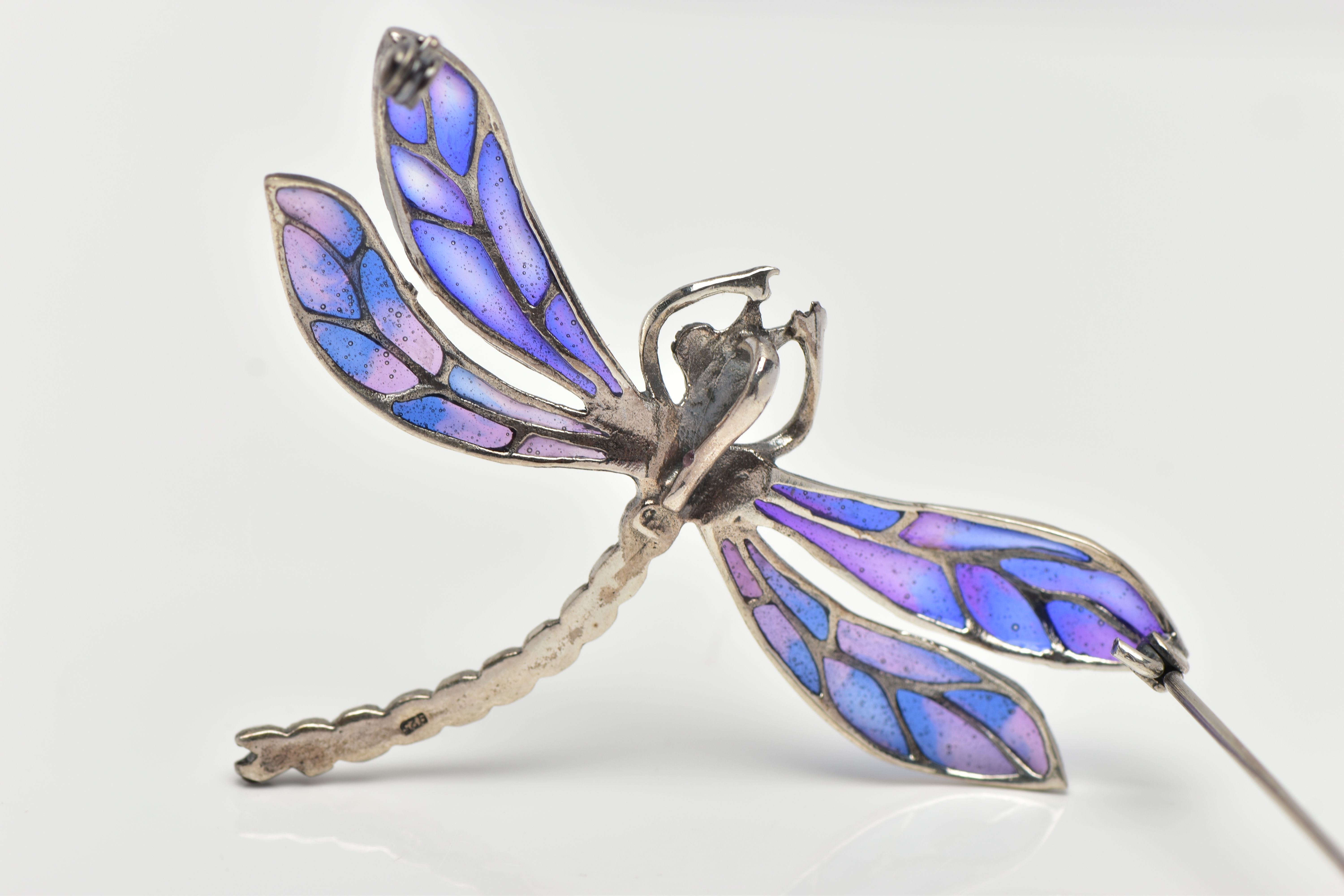 A WHITE METAL PLIQUE A JOUR BROOCH, in the form of a dragonfly, the body set with marcasite, - Image 2 of 3