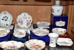 A GROUP OF ROYAL CROWN DERBY TRINKET DISHES AND OTHER GIFTWARES, to include eleven boxed trinket