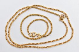 TWO 9CT GOLD ROPE TWIST CHAINS, the first a necklace, fitted with a spring clasp, hallmarked 9ct
